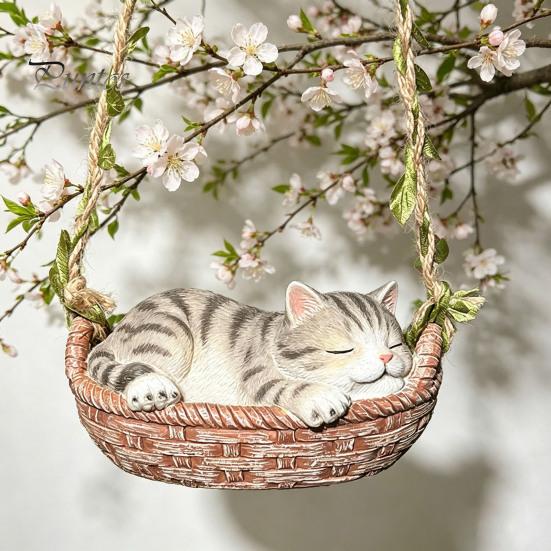 Unique Housewarming Present Hanging Basket Cat Statue, Cute Sleeping Kitten Figurine, Outdoor Decorative Resin Ornament for Garden Patio Porch