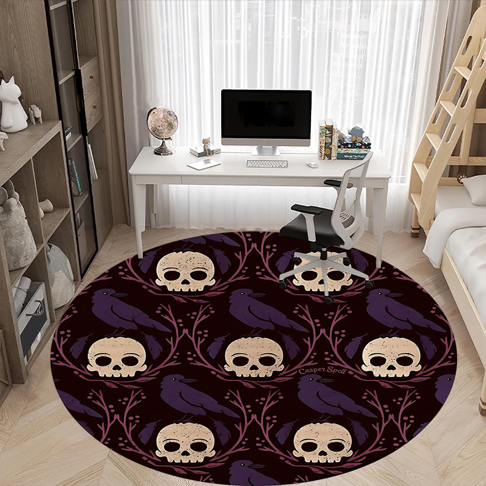 1PC Skulls Ravens Office Round Area Rug, Mat Suitable For Office, Under Office Chairs Bedroom Living Room Home Decor, Room Deco