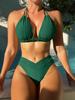 Women Two Pieces Bikini Sets Vintage Back Strap Hollow Out Sexy Swimming Bikini Swimsuit