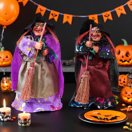 Halloween Witch Doll Standing Witch Figure Holding Broomstick Desktop Spooky Witch Figurine for Halloween Party Mantel Dining Table Decor