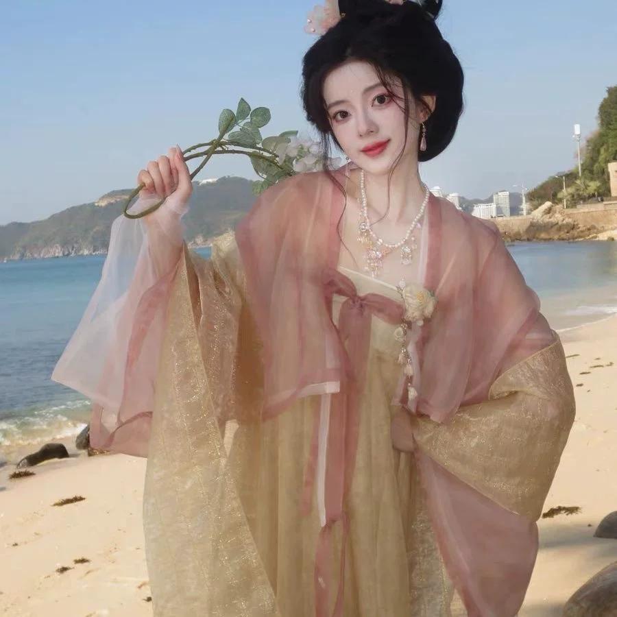 Women's Tang Dynasty Hanfu Full Set, Famen Temple Style Flowy Cape Chest-high Ruqun Lightweight Spring Summer Traditional Chinese Costume