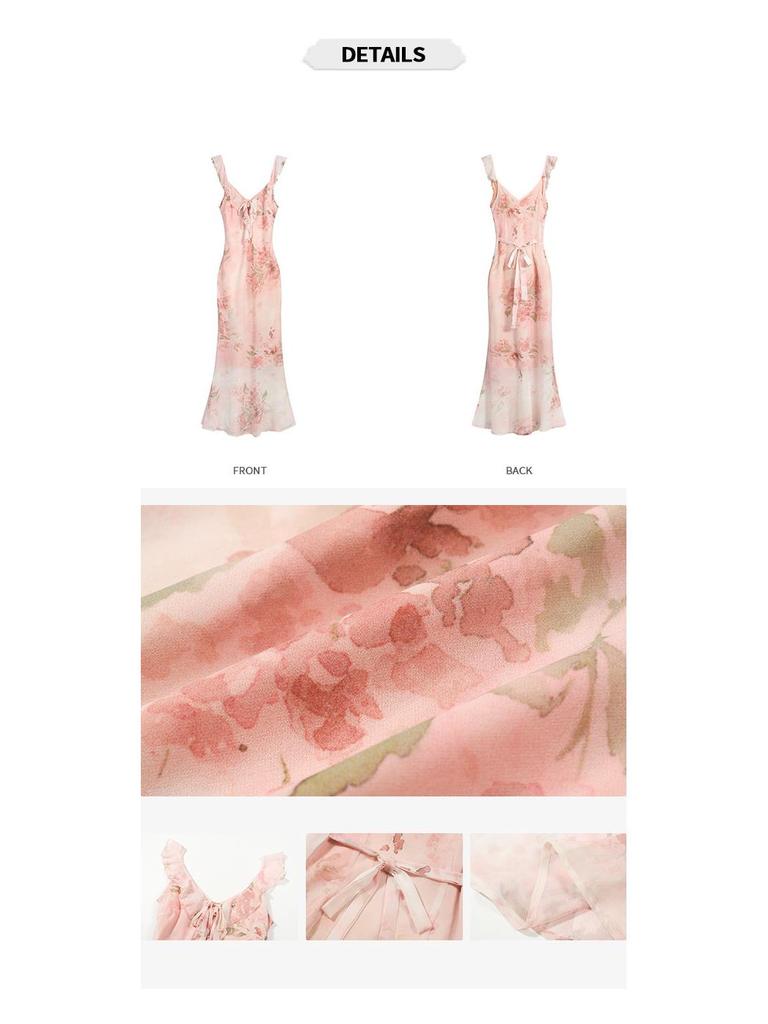 French Floral Print Dress, Spring/Summer 2026 – Elegant, Waist-Cinching, Slim-Fitting, Long Skirt.