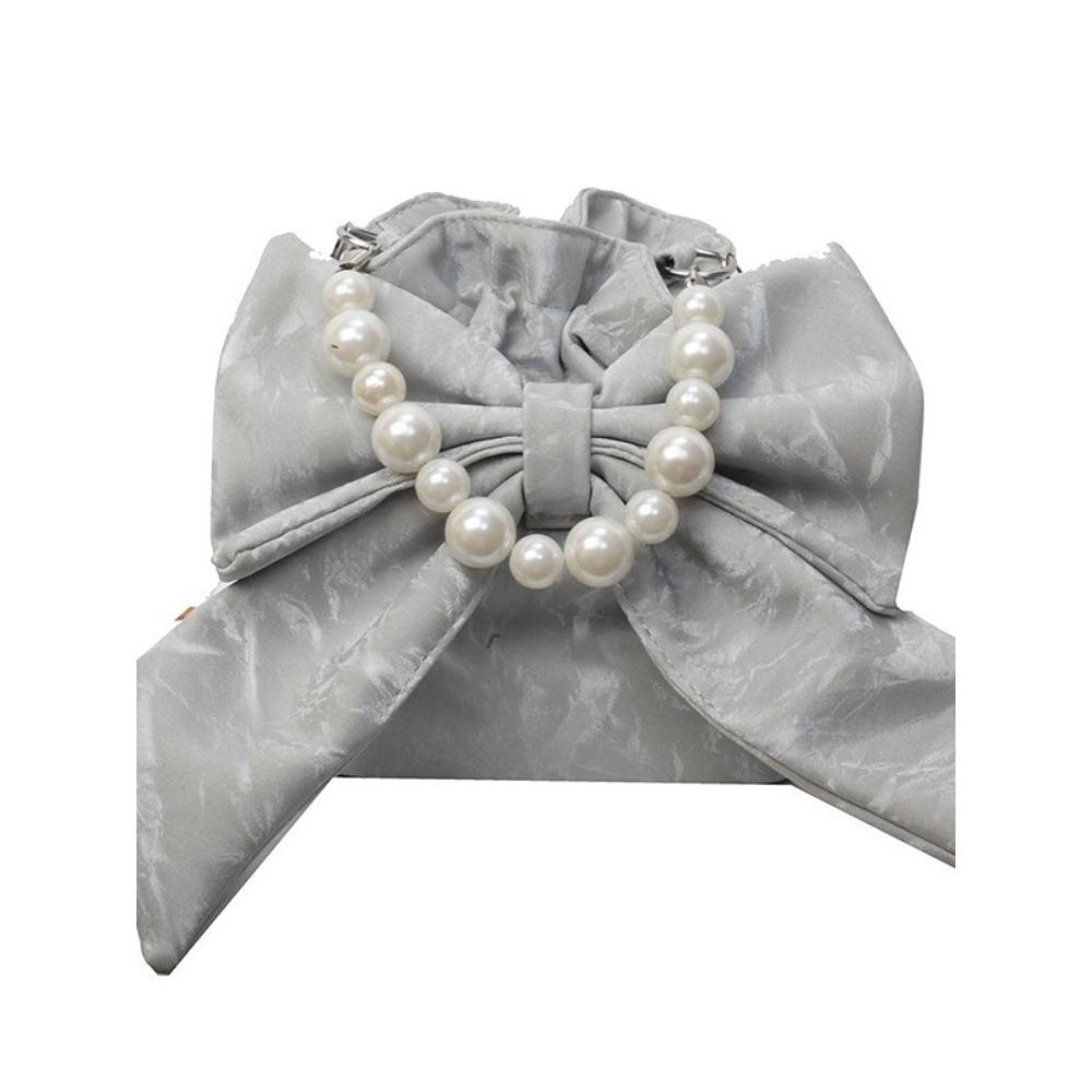Elegant Big Bowknot Shoulder Bag Pearl Chain Crossbody Bag Portable Drawstring Bucket Bag  Girls