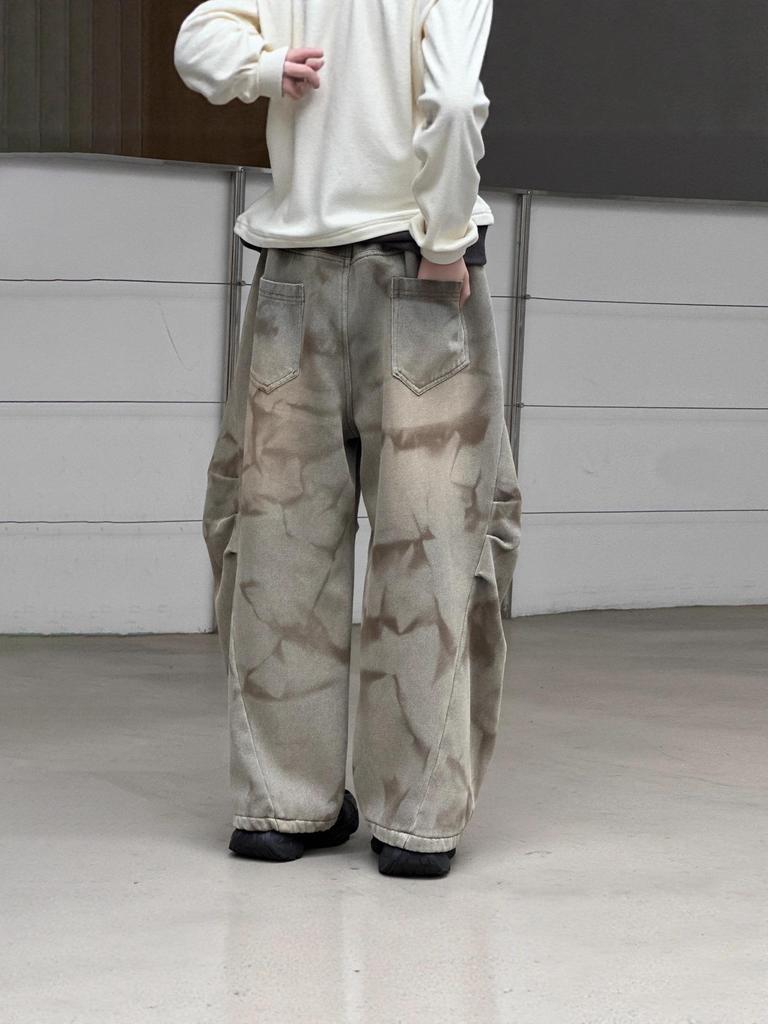 Retro Yellow Mud-Dye Fleece Lined Wide Leg Distressed Jeans for Girls