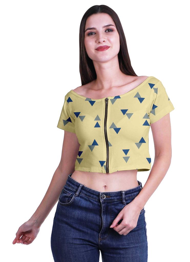Moomaya Printed Boat Neck Womens Sexy Summer Tops Zip Front Viscose Crop Top