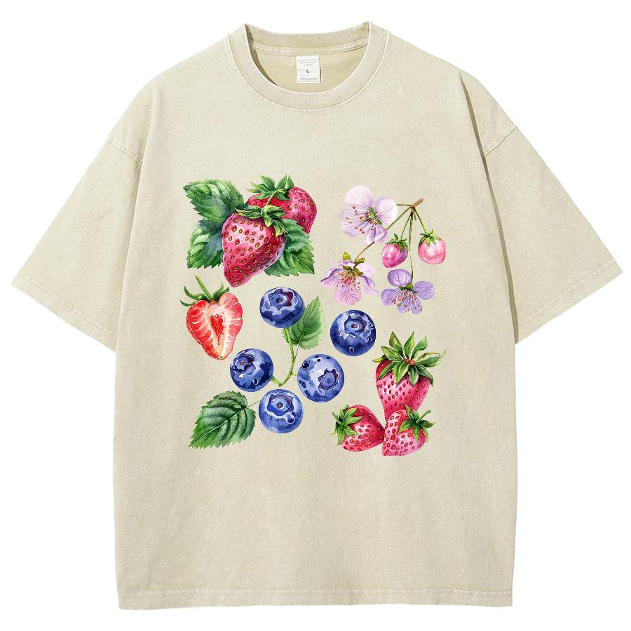Summer Women's T-Shirt Women's Clothing Sales Oversize Strawberry Print Washed Top Harajuku Short Sleeve Casual