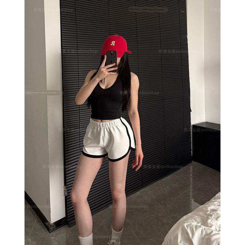 

Slim Fit! Slim Looking Sports Shorts Women s Fitness Running Classy Contrast Color Casual Hot Pants Breathable Home Outwear White Spell Black Edge L