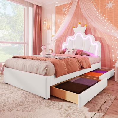 Cama infantil 140x200 Cama estofada para meninas Cama de casal Coroa Estrutura de cama LED com estrado