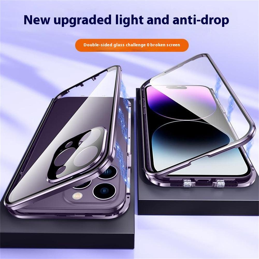 For iPhone 16 Pro Case Magnetic Adsorption Double Sides Tempered Glass+Metal Phone Cover with Buckle