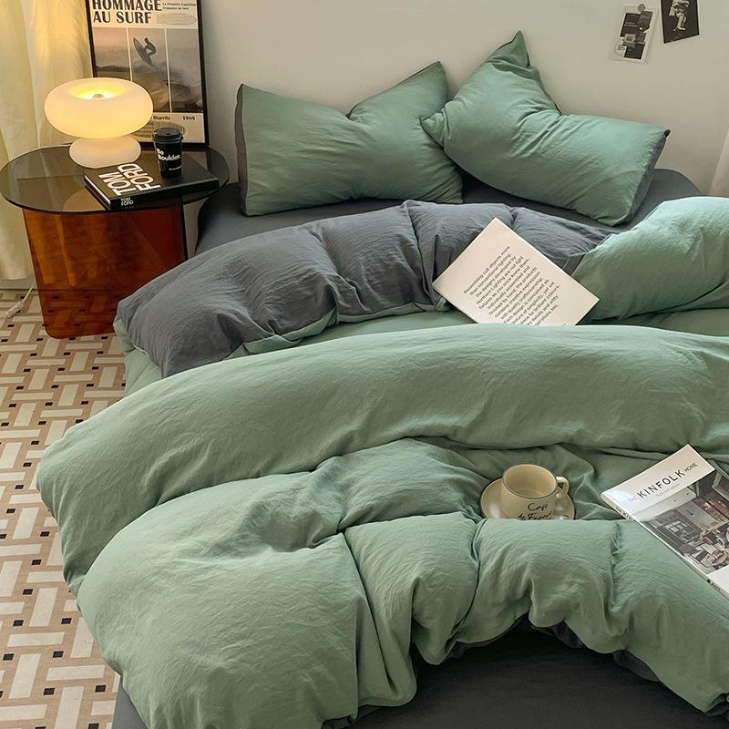 Four-piece Set for Sleeping Naked On Winter Bed, Washed Cotton Sheets, Quilt Cover, Fitted Sheet, Three-piece Set for College Dormitory