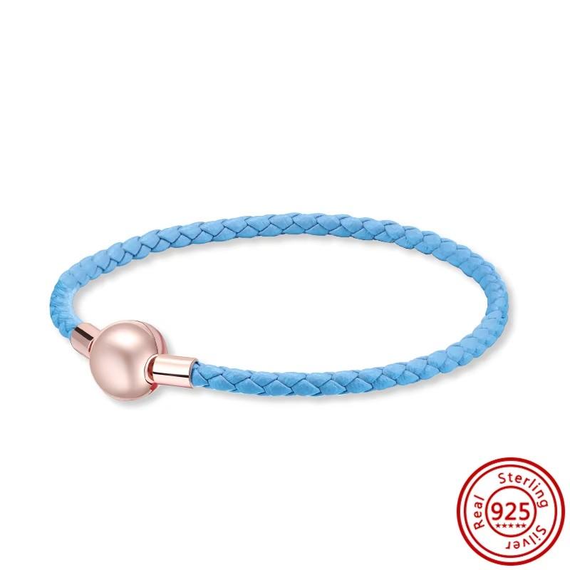 High Quality 100% S925 Sterling Silver Clasp Charm Bead Woven Leather Bracelet for Women & Children's Trendy Gift Jewelry