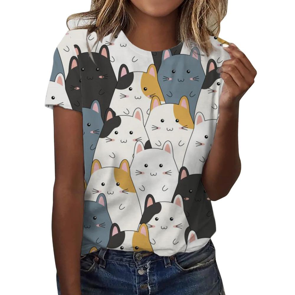 

Fashion 3D Printed Cute Cat Pattern Women s Loose Casual Round Neck Short Sleeved T-shirt S