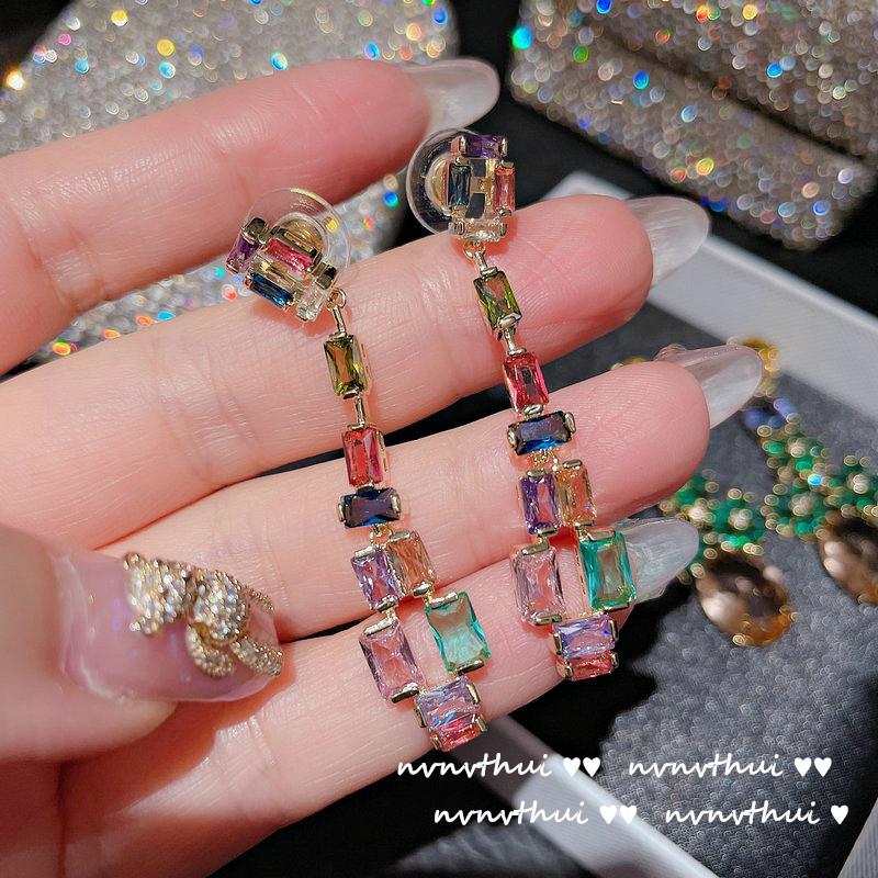 Oil Painted Peacock Emerald Flower Pendant, 18K Gold Plated Multi-Faceted Tetris Zircon Tassel Earrings