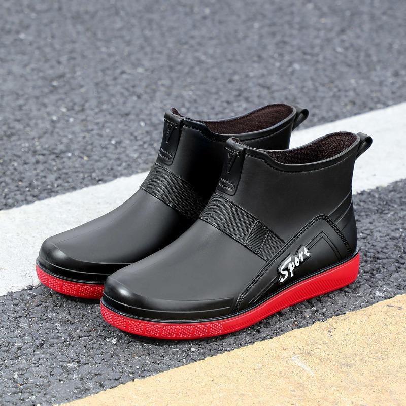 Four Seasons Men's Rain Shoes Black and Red Short Men's Wading Boots Fishing Boots Medium and Short Night Reflective Strip Fashion Rubber Shoes