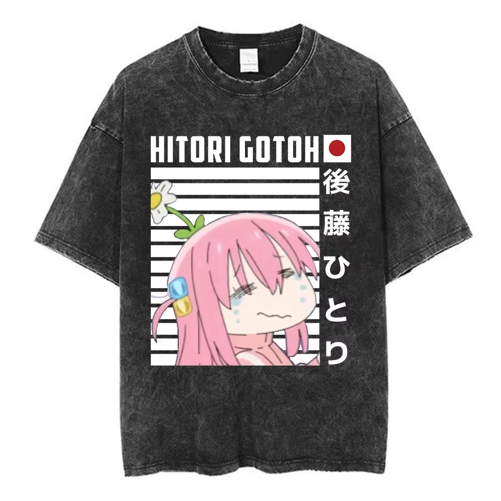 Vintage Gewaschenes Locker geschnittenes Hip Hop Streetwear T-Shirt für Herren & Damen, Anime Bocchi The Rock Hitori Gotoh Grafikdruck