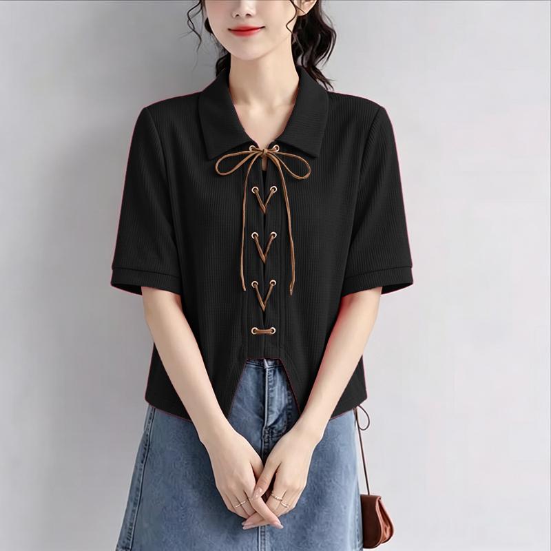ZANZEA Women Casual Turn Down Collar Lace-up Loose Short Sleeve Blouse