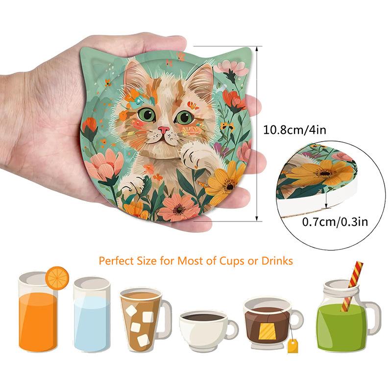 Cat Ceramic Coasters Cork Bottom Coffee Coaster Non-Slip Durable Heat Insulation Mats Home and Decoration Kitchen Utensils