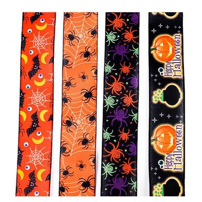 Halloween Themed Ribbon Halloween Wired Edge Ribbons Bat Spider Pumpkin Witch Hat Skull Decorative Ribbon for Diy Craft Floral