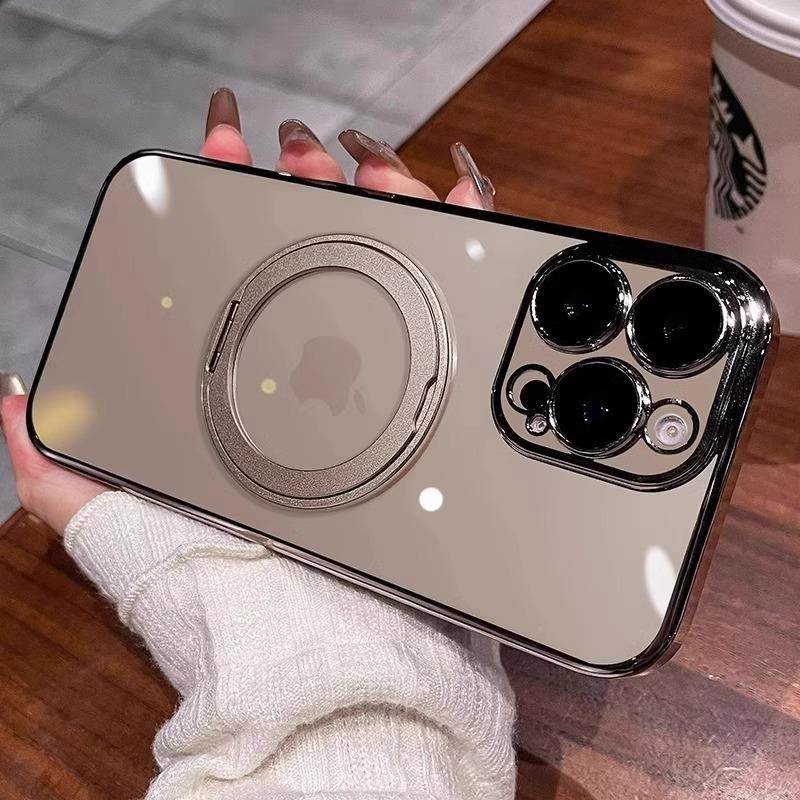 Applicable to iPhone17 super magnetic mobile phone case Apple 16 proma electroplating rotating bracket high transparency protective case