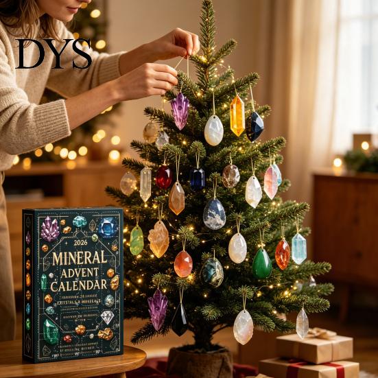 Mineral Collection Box Gemstone Advent Calendar, 24-Day Christmas Countdown Set with 2D Unique Holiday Home Decor Acrylic Ornaments, Tree Hanging