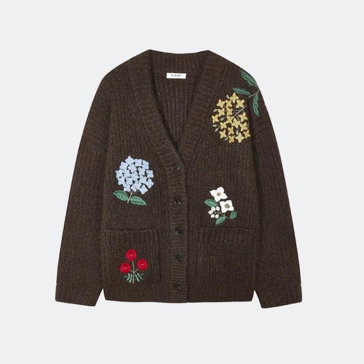 

Autumn Women Sweaters Plus Size Loose Knitting Sweater Coat Cardigan Pattern Printing Pockets Buttons One Size коричневий