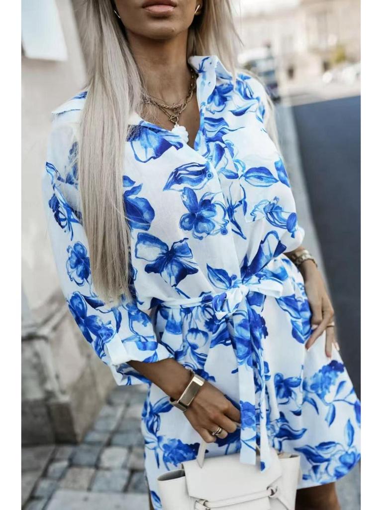 New 2025 Long Sleeve Printed Waist-Gathering Mid-Length Shirt Dress