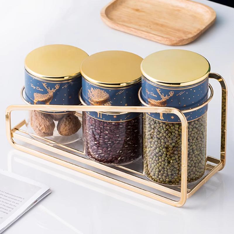 Food Storage Container, Glass Sealed Jar with Lid, Kitchen Storage Bottle, Household Moisture-proof Tea Can, Metal Rack