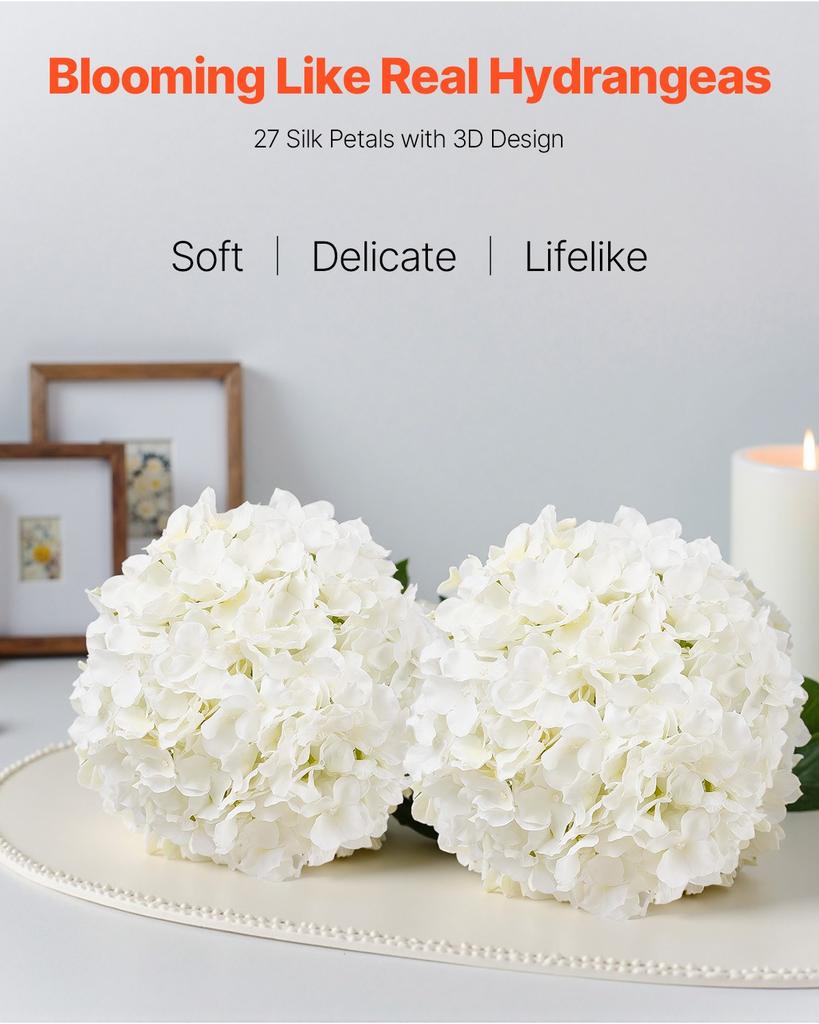 VEVOR Artificial Flowers, 205 Pcs Real Looking White Silk Fake Hydrangea Bulk, White Faux Bridal Shower with Stems for DIY Wedding Bouquets