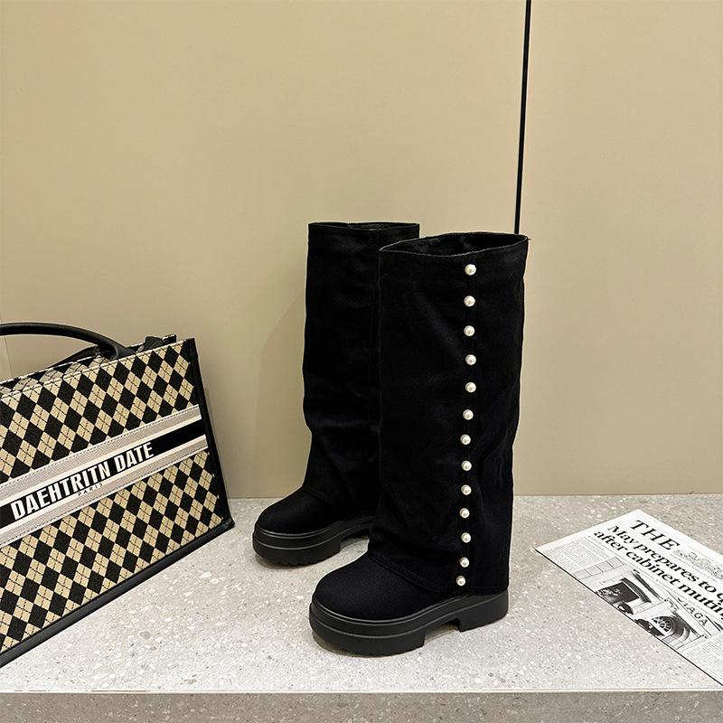 10Cm Denim Synthetic Platform Wedge Ankle Knee High Autumn Booties Fashion Round Toe Leisure Spring Women Ladies Shoes