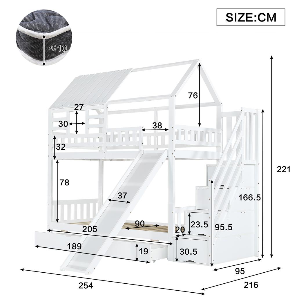 Bunk Bed with Storage Staircase and Slide, Pine Wood and MDF Frame, Bed with Window and Roof, Fall Protection Guard and Drawer, White, 90x200cm*2