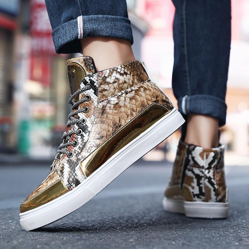 Fashion New Design Fashion Snake Printed Original Men's Sneakers Comfortable Leather High-top Shoes Men Lace-up Flat Shoes Casual Men