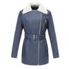 Fall Winter Fleece Lined Leather Jacket Women Double Zipper Belted Turn Down Collar Warm Coat