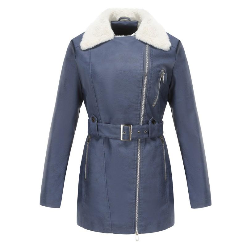 Fall Winter Fleece Lined Leather Jacket Women Double Zipper Belted Turn Down Collar Warm Coat