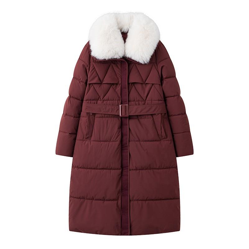 Womens Long Winter Coat With Detachable Faux Fur Collar Thick Cotton-Padded Parka Slim Fit Over-Knee Outerwear