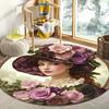 Romantic Rose Lady Round Mat, Vintage Floral Design for Valentine Gift, Non-Slip Machine Rug for Bedroom, Anniversary Decor
