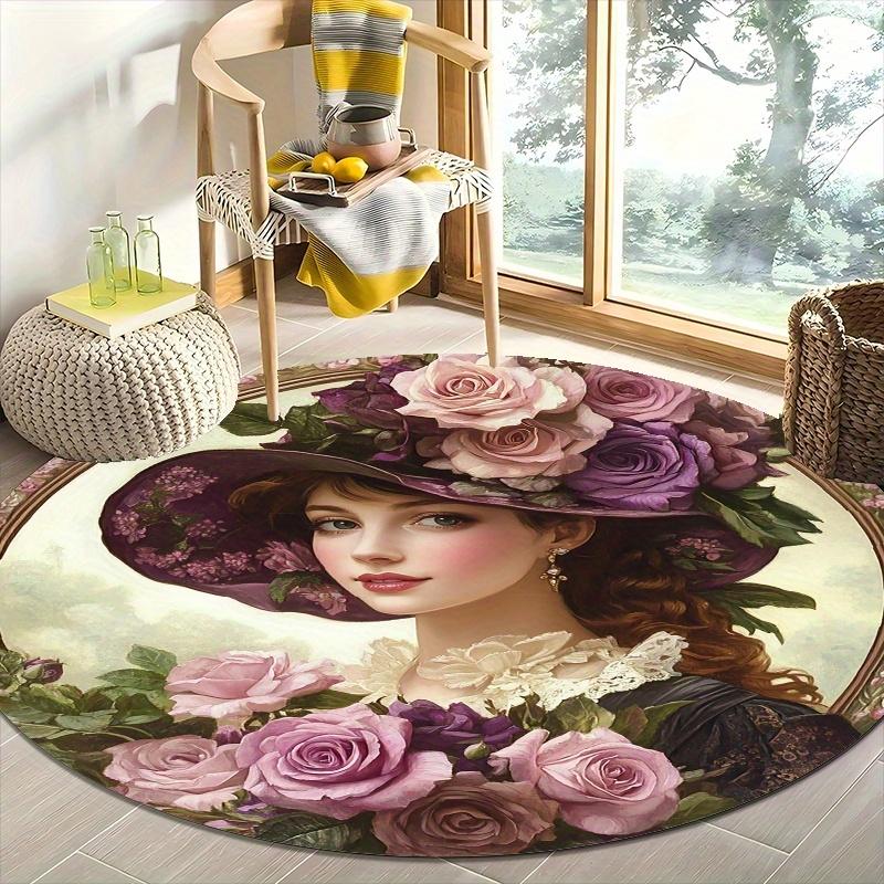 Romantic Rose Lady Round Mat, Vintage Floral Design for Valentine Gift, Non-Slip Machine Rug for Bedroom, Anniversary Decor