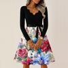 Women's Casual Fashion V-neck Long Sleeved Retro Christmas Print Retro Dress