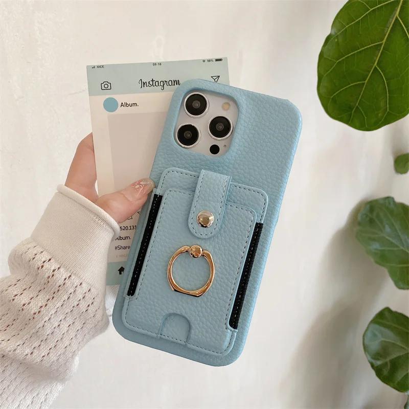 PU Leather  Ring Wallet with Card Holder Phone Case for IPhone 16 15 Plus Pro Max Shockproof Cover