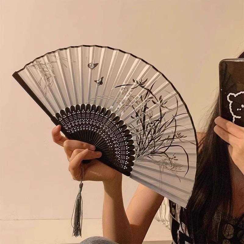 

Портативный складной веер из черного бамбука в китайском стиле для лета, аксессуар для танцевальной юбки ханьфу