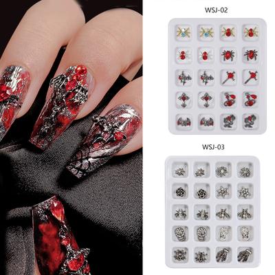 Vintage Gothic Alloy Nail Art Charms 3D Punk Halloween Silver Skull Nail Art Decoration Dark DIY Nail Accessory