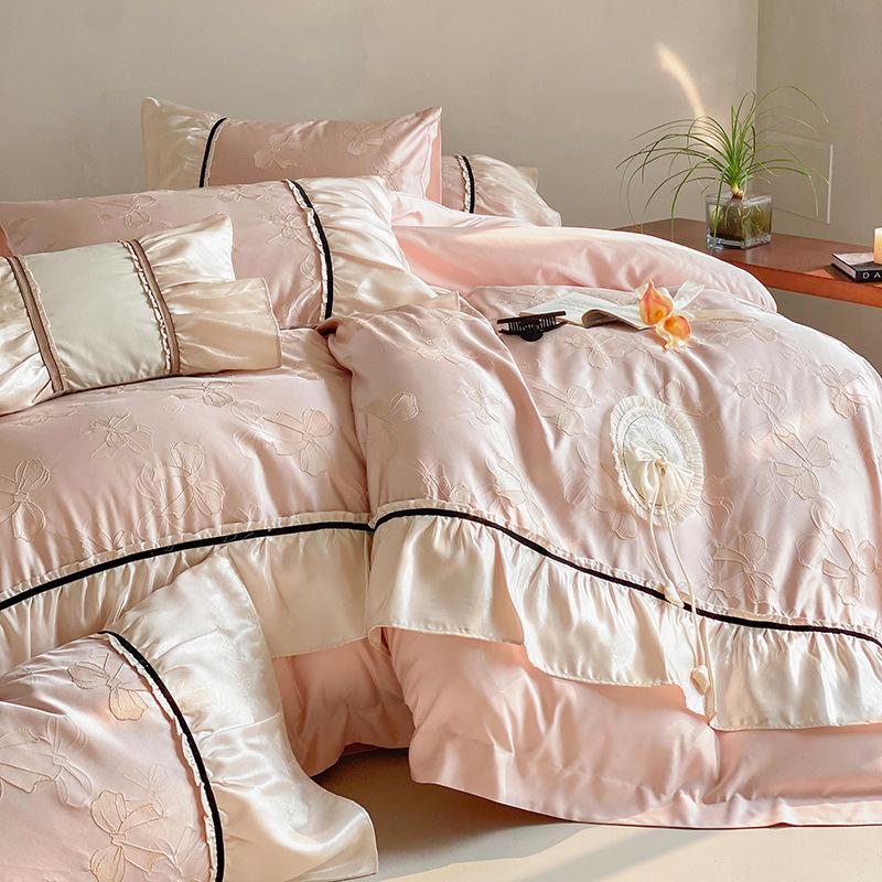Silk Bedding Set Four-piece Set Cool Feeling Ice Silk Lace Skin-friendly Comfortable and Breathable Washed Quilt Cover Bed Sheet Pillowcase