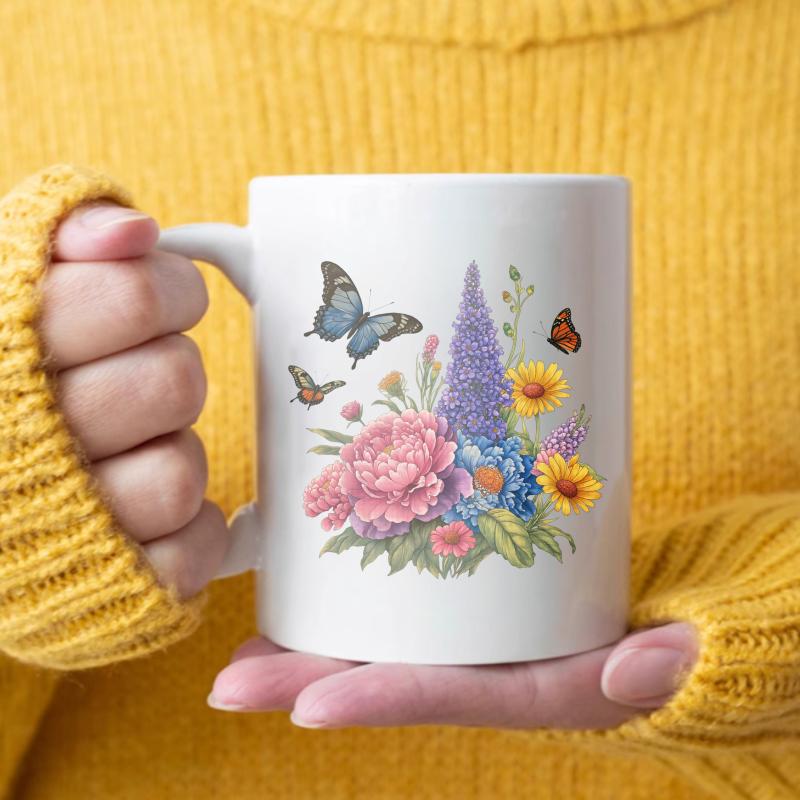 White floral and butterfly design ceramic mug for coffee, tea or hot drinks белый