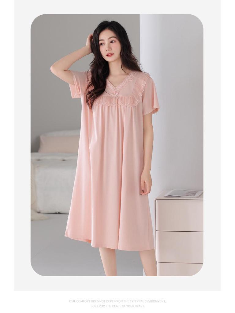 Women's Summer Court Style Lace Pajama Dress, Pure Cotton, Short Sleeve, Plus Size, Mid-Length, Wearable Outdoors, High-End Feel