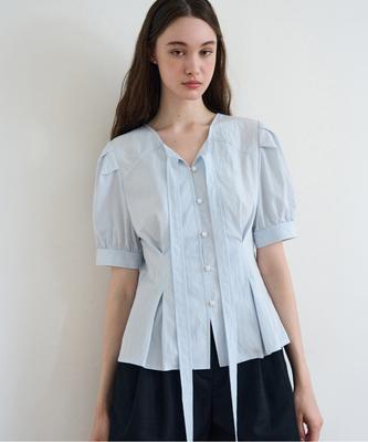 Deuloupisumeon Tuck Puff Short Sleeve Tie Blouse [Sky Blue]