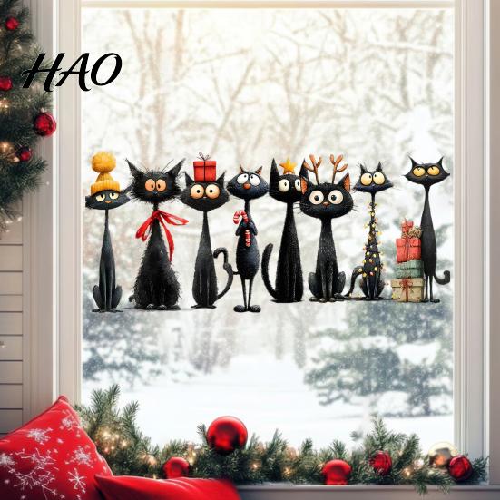 Retro Hand Painted Wall Stickers Christmas Black Cat Stickers, Self Adhesive Decals, Removable PVC Cute Holiday Theme Decals Art Decor for Bedroom