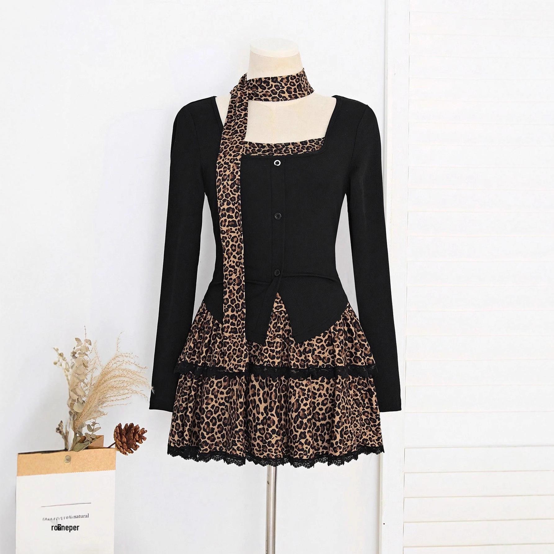 

2025 Autumn/Winter Women s Leopard Suit & High-Waisted Flare Skirt Set Extra Small чорний