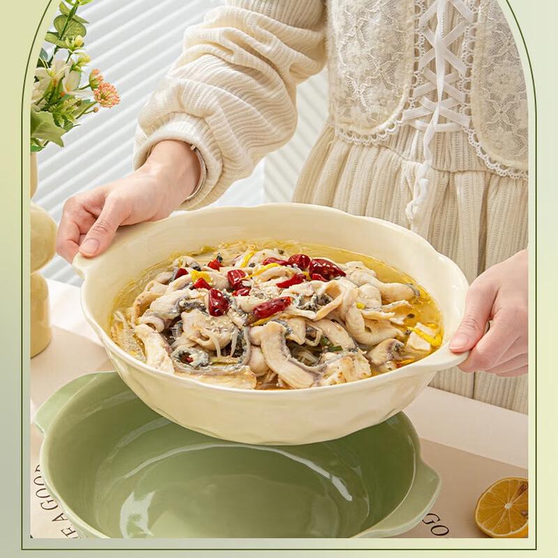 Zhinianhua Cream Style Double-Handle Ceramic Soup Bowl