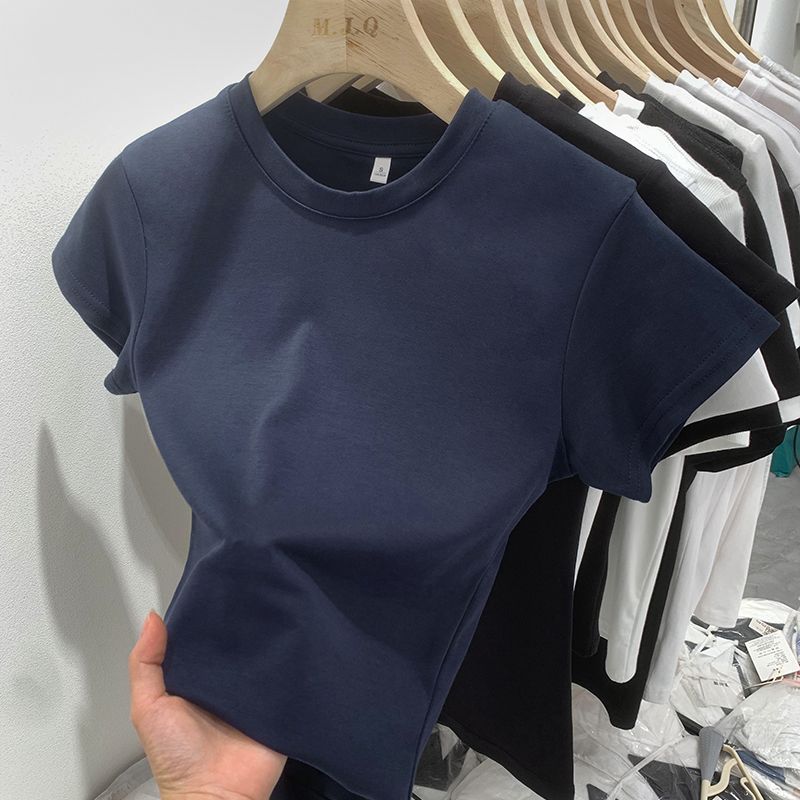 Combed cotton quality summer short-sleeved T-shirt women's inner design crew neck casual top ins