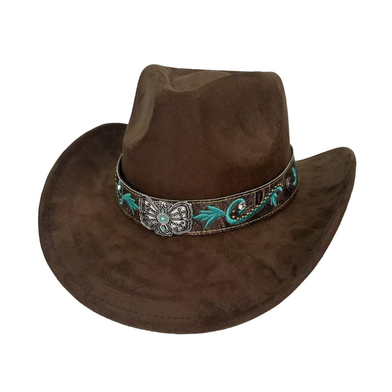 Новая джазовая шляпа Европейская и американская мода Замшевая Универсальная Широкие поля Цилиндр Мужская и женская Западная ковбойская шляпа M（56-58cm） темно-коричневого