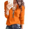 Women Solid Color Waffle Long Sleeve Zipper Casual T Shirt Top